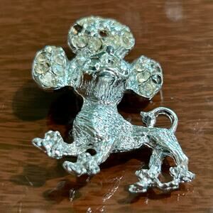 Vintage Rhinestone Poodle Dog Brooch Pin Green Eyes Silver Tone